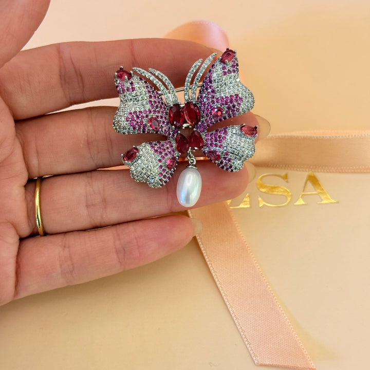 Butterfly Fuchsia and pearl zircone silver brooch