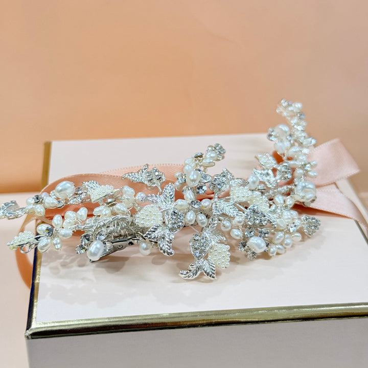 Swarovski crystals & pearls silver hair clip