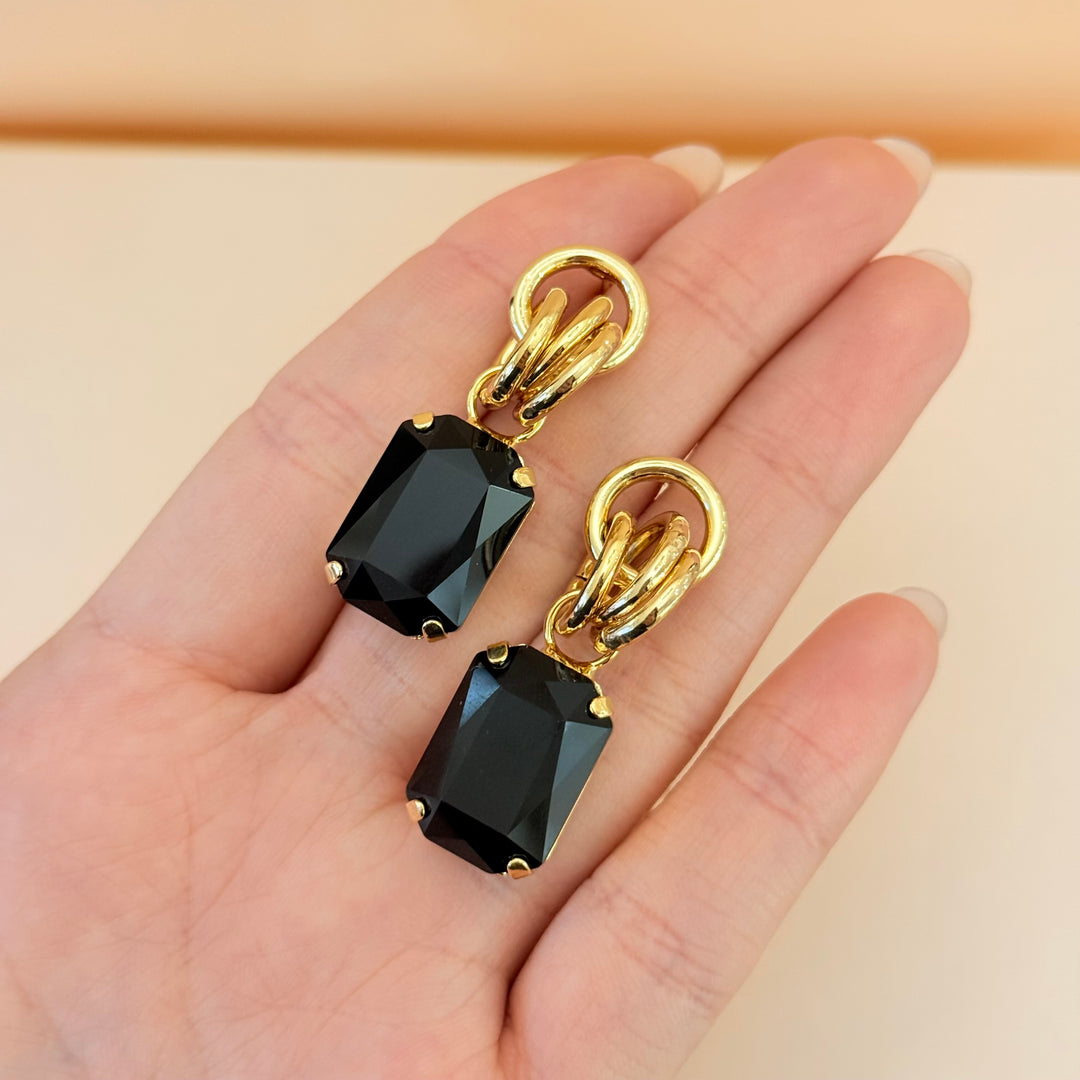 Rectangular black Swarovski crystals gold plated set