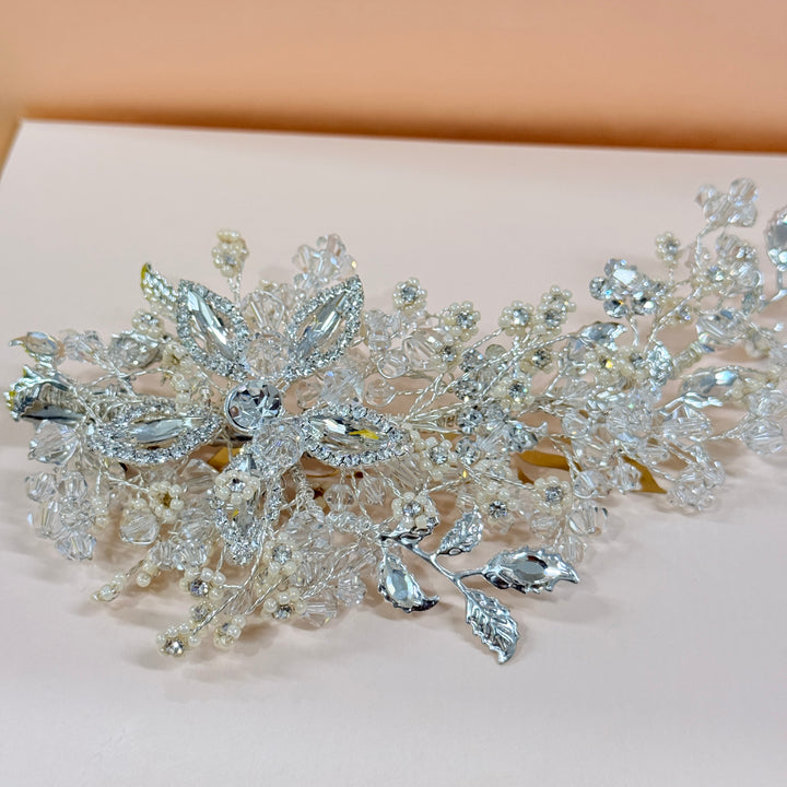 Swarovski crystals & dainty pearls leaves silver hair clip