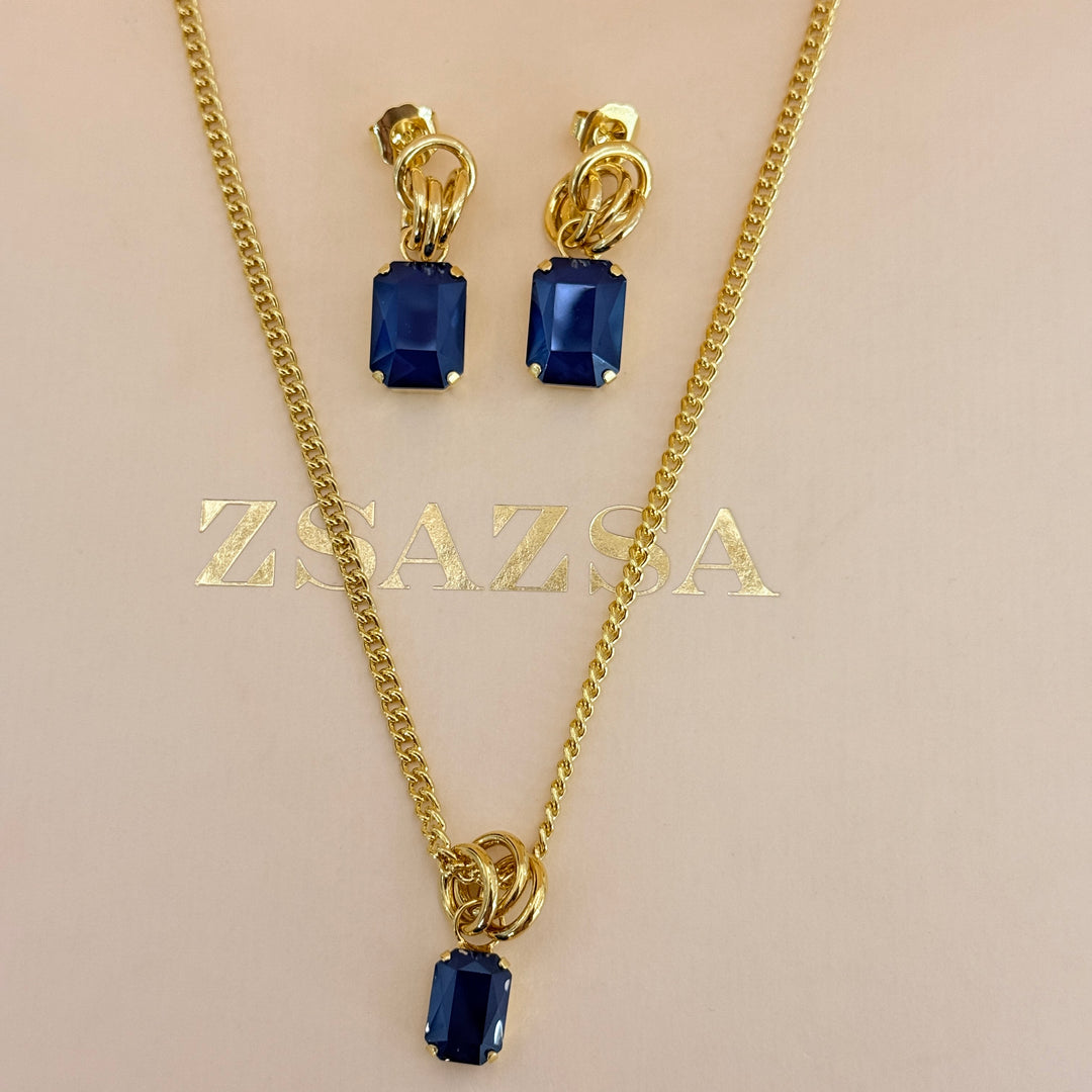 Rectangular royal blue Swarovski crystals gold plated set