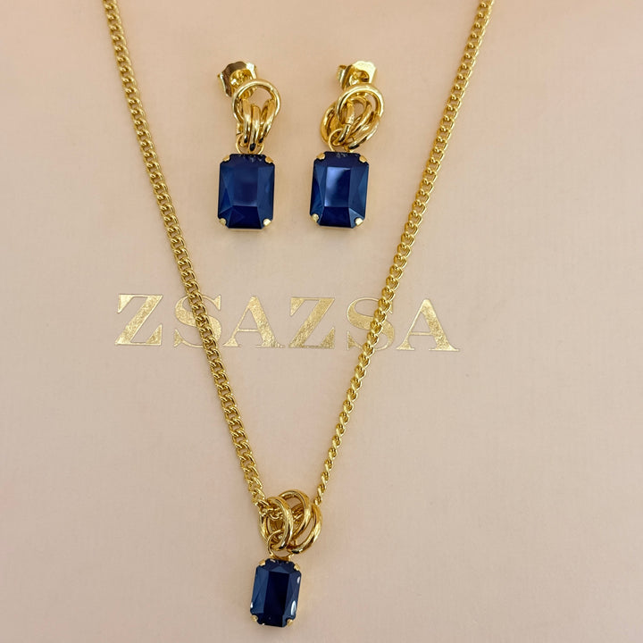 Rectangular royal blue Swarovski crystals gold plated set