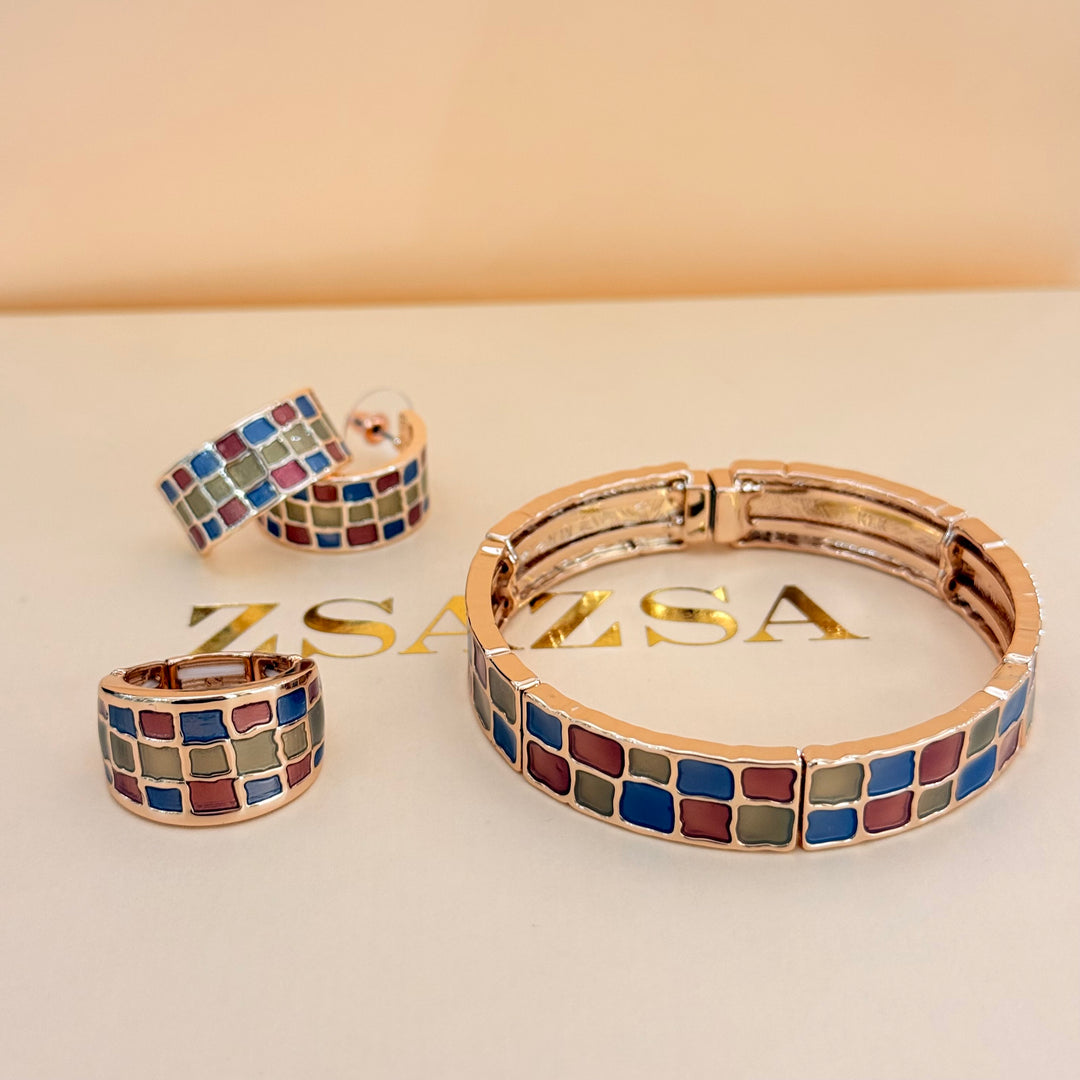 Brick Red, Blue & Bronze Rose Gold Plated Enamel Set