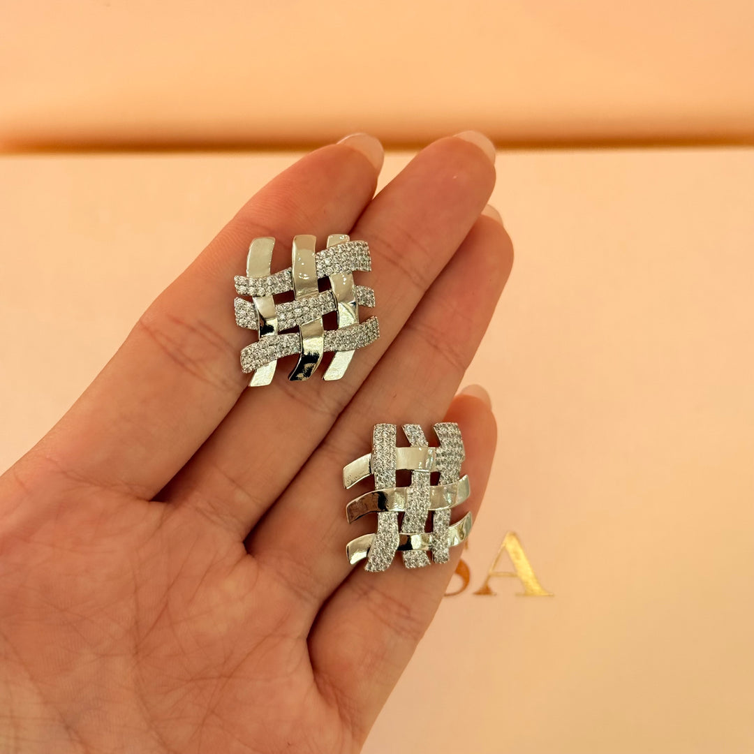 Square grid zircone silver earrings