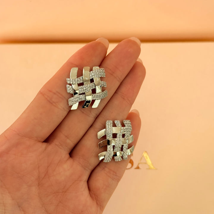 Square grid zircone silver earrings