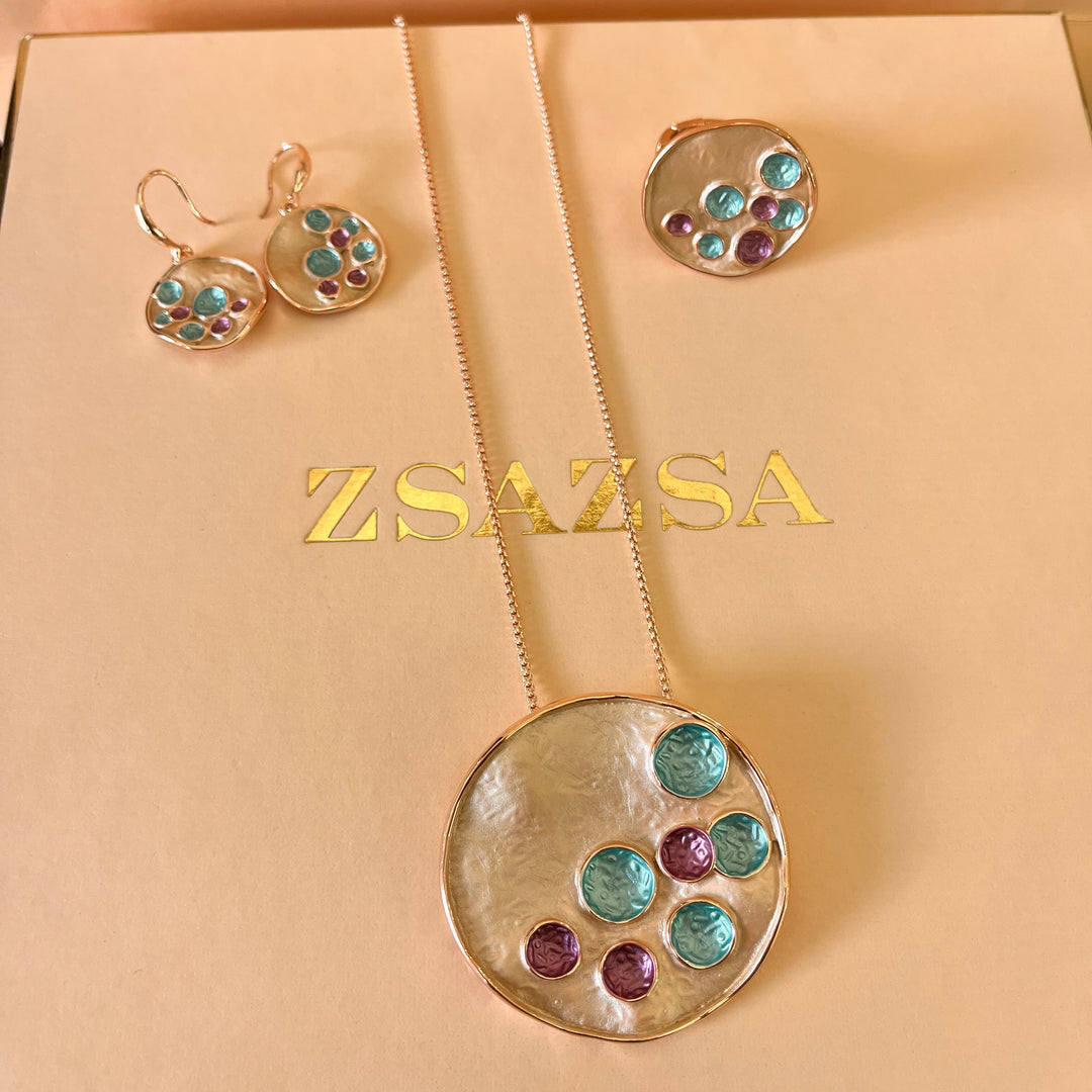 Enamel turquoise, gold and fuchsia round rose gold plated set