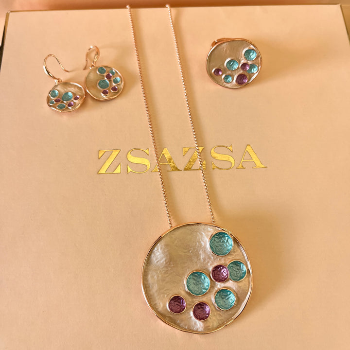 Enamel turquoise, gold and fuchsia round rose gold plated set