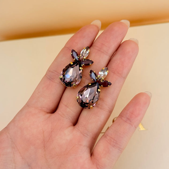 Marquise and teardrop mauve and dark red Swarovski crystals gold plated set