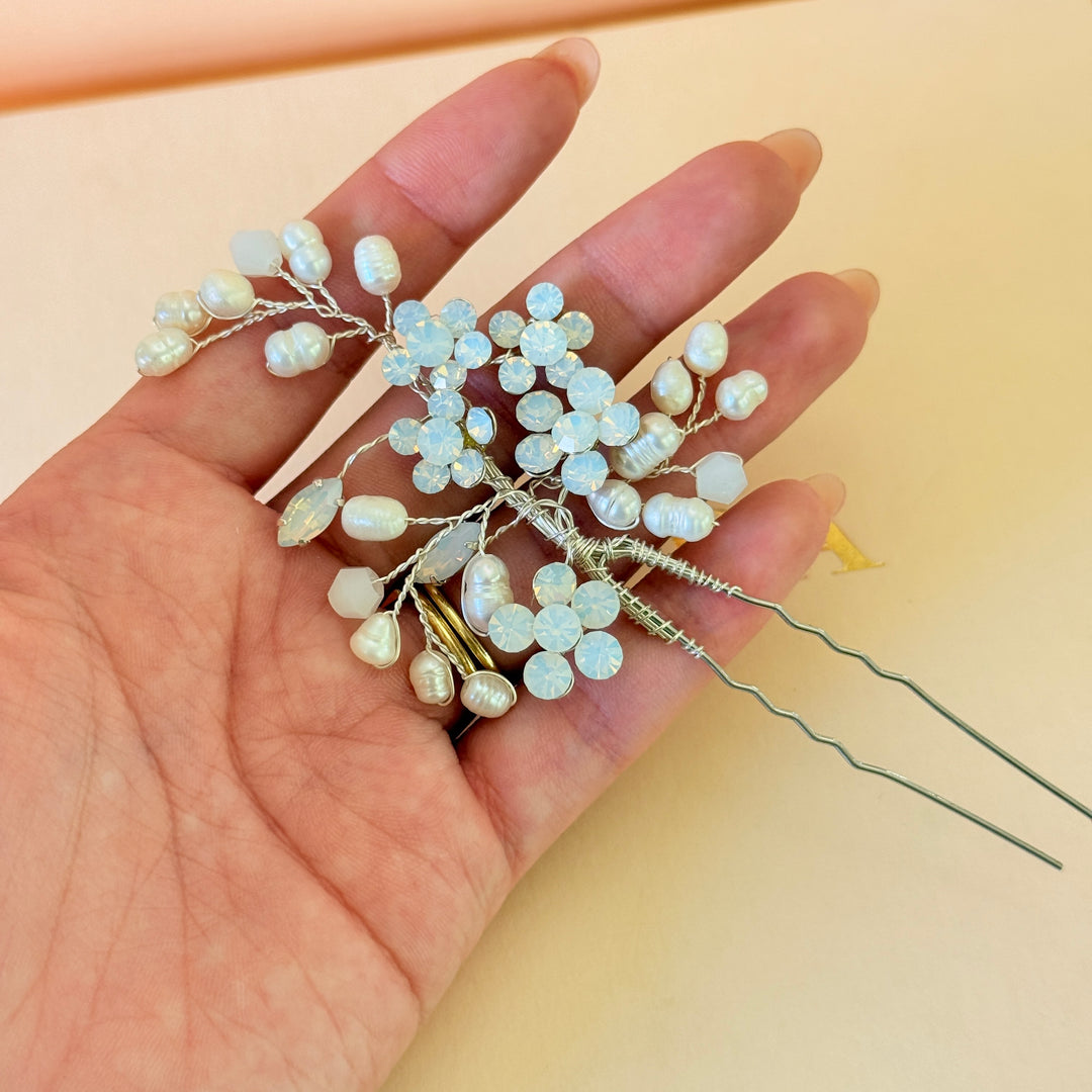Swarovski crystals white and fresh water pearls silver hair pin