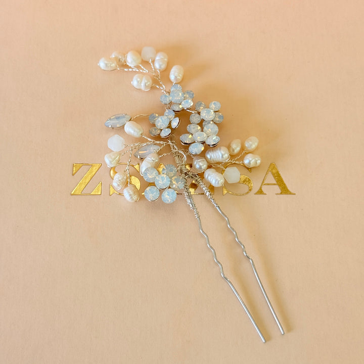 Swarovski crystals white and fresh water pearls silver hair pin