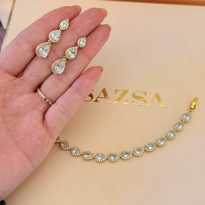 Teardrop zircone gold plated earrings and bracelet