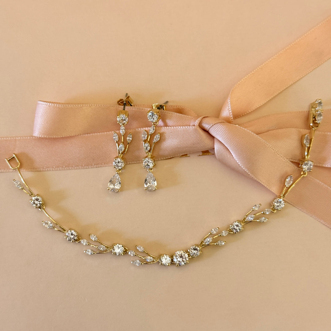 Teardrop and leaves zircone gold plated earrings and bracelet set