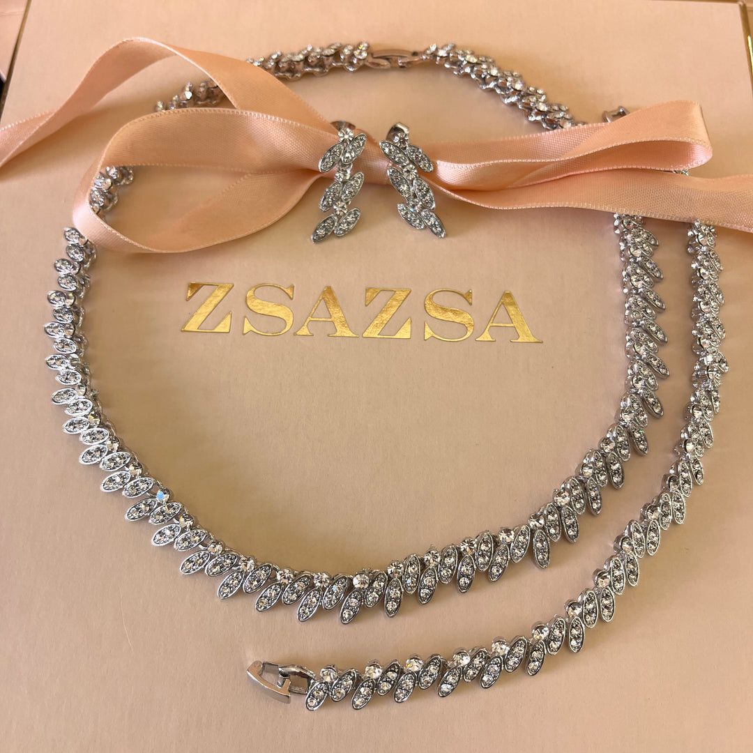 Swarovski crystals leafs white gold plated set