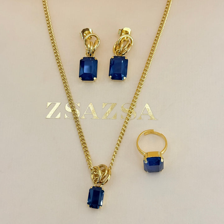 Rectangular royal blue Swarovski crystals gold plated set