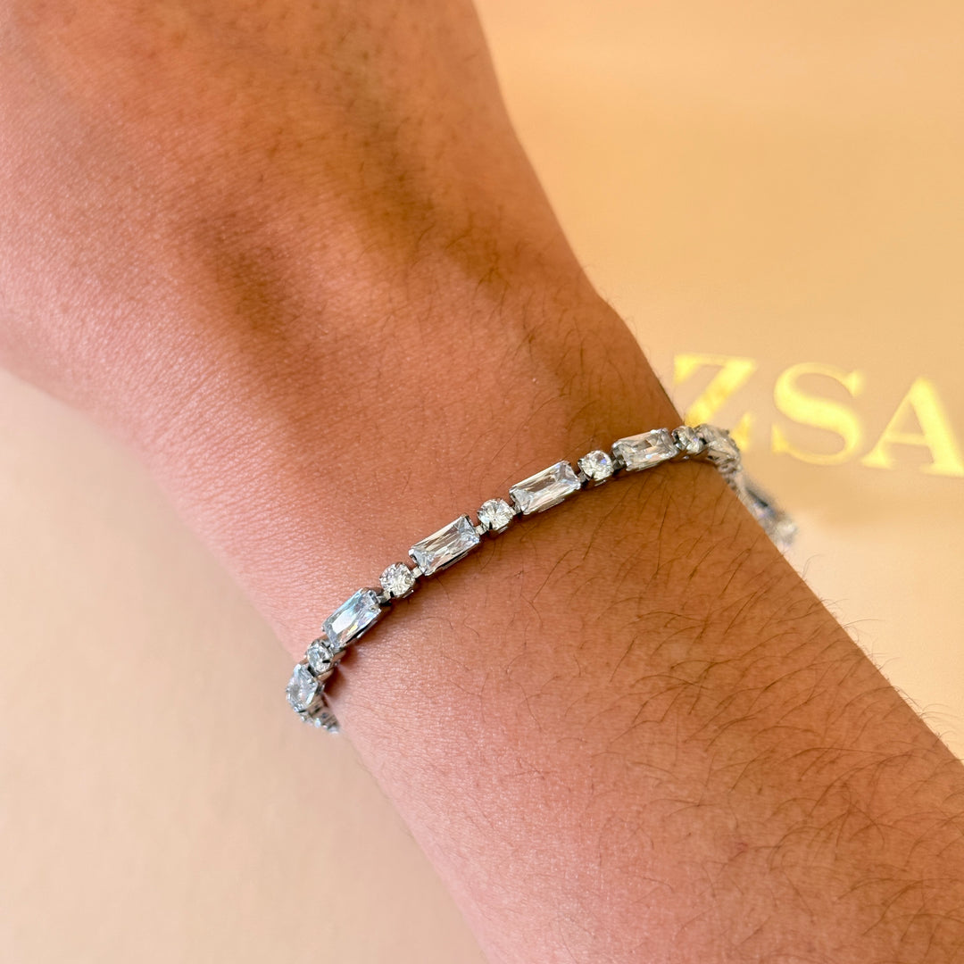 Rectangular and round zircone stainless steel bracelet