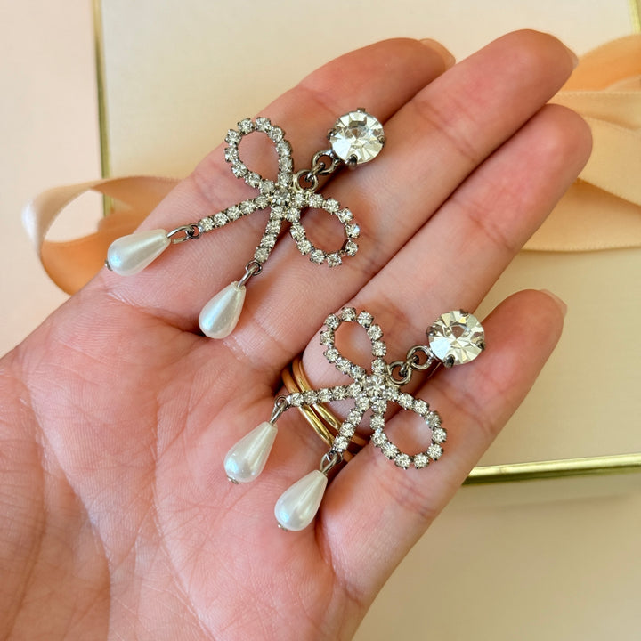 Swarovski crystals bow drop pearls silver earrings