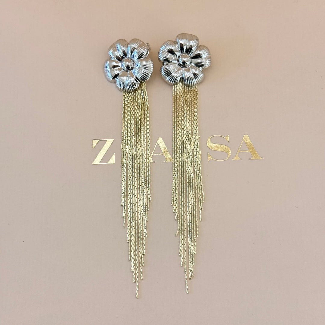 White Gold Plated Floral Earrings with Gold Plated Fringe