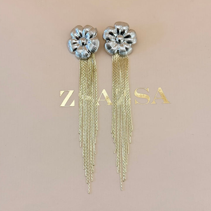 White Gold Plated Floral Earrings with Gold Plated Fringe