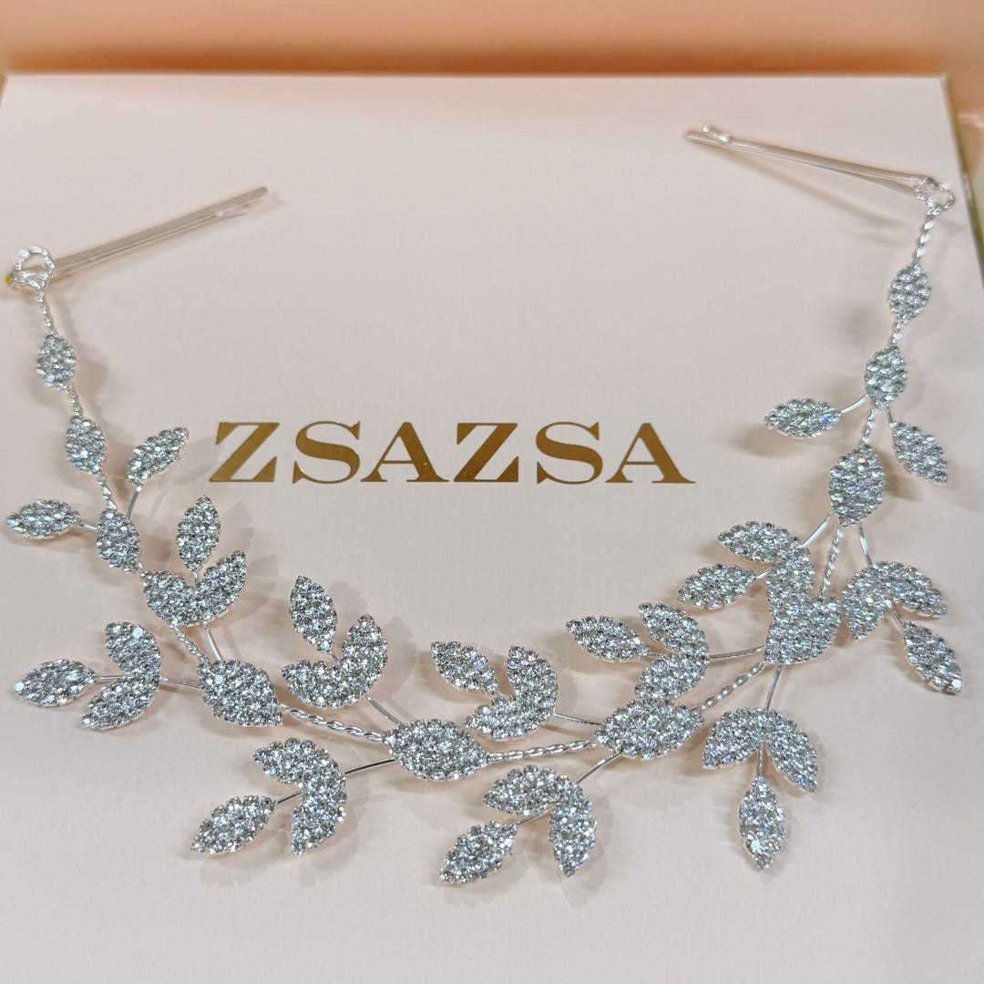 Rhinestone leaves silver flexible headband