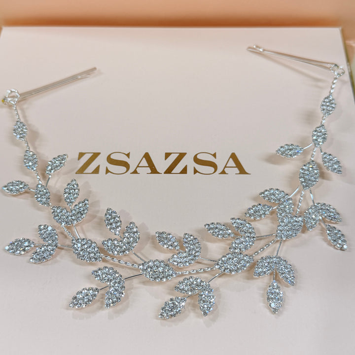 Rhinestone leaves silver flexible headband