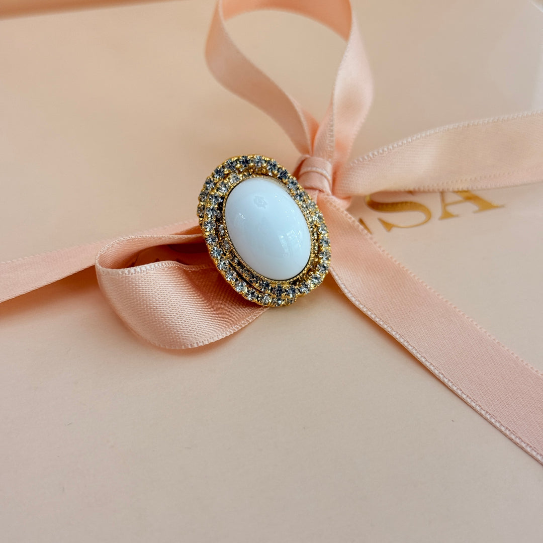 Oval White preciosa crystals gold plated brooch