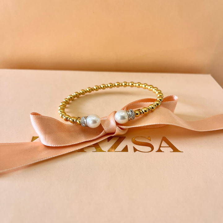 Zircone and fresh water pearl gold plated sterling silver bangle