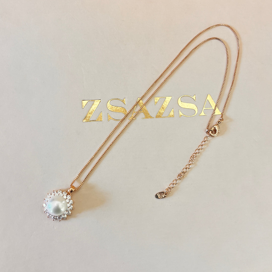 zircone and fresh water pearl rose gold plated pendant