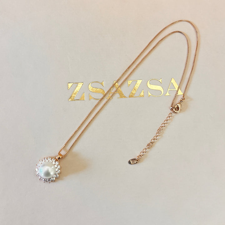 zircone and fresh water pearl rose gold plated pendant