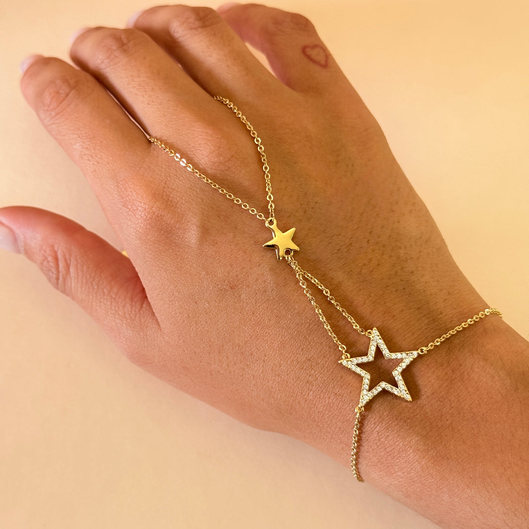 Rhinestone star gold plated ring bracelet
