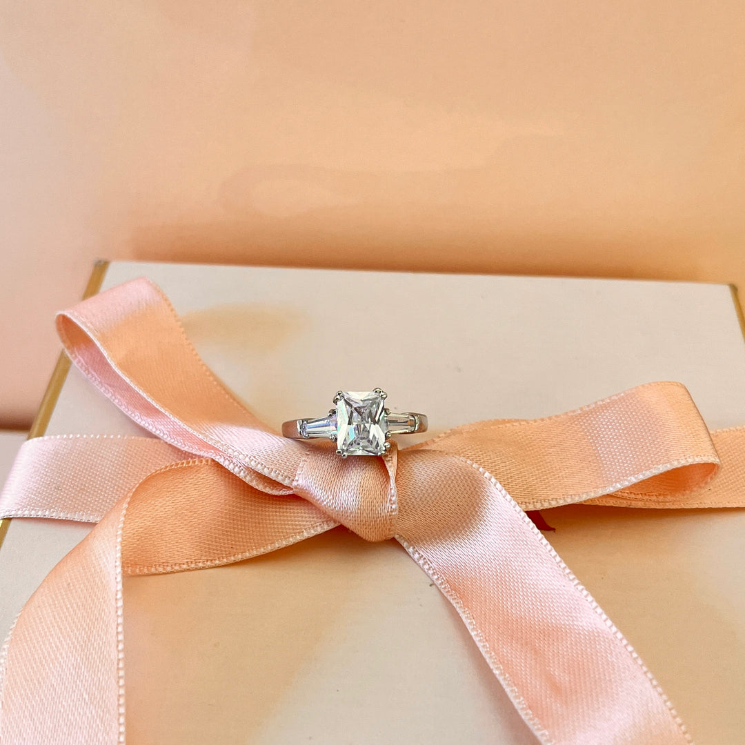 Zircone rectangular trilogy white gold plated ring