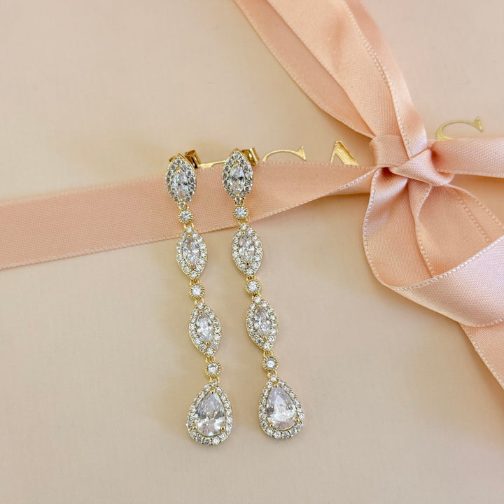 Long marquise and teardrop zircone gold earrings