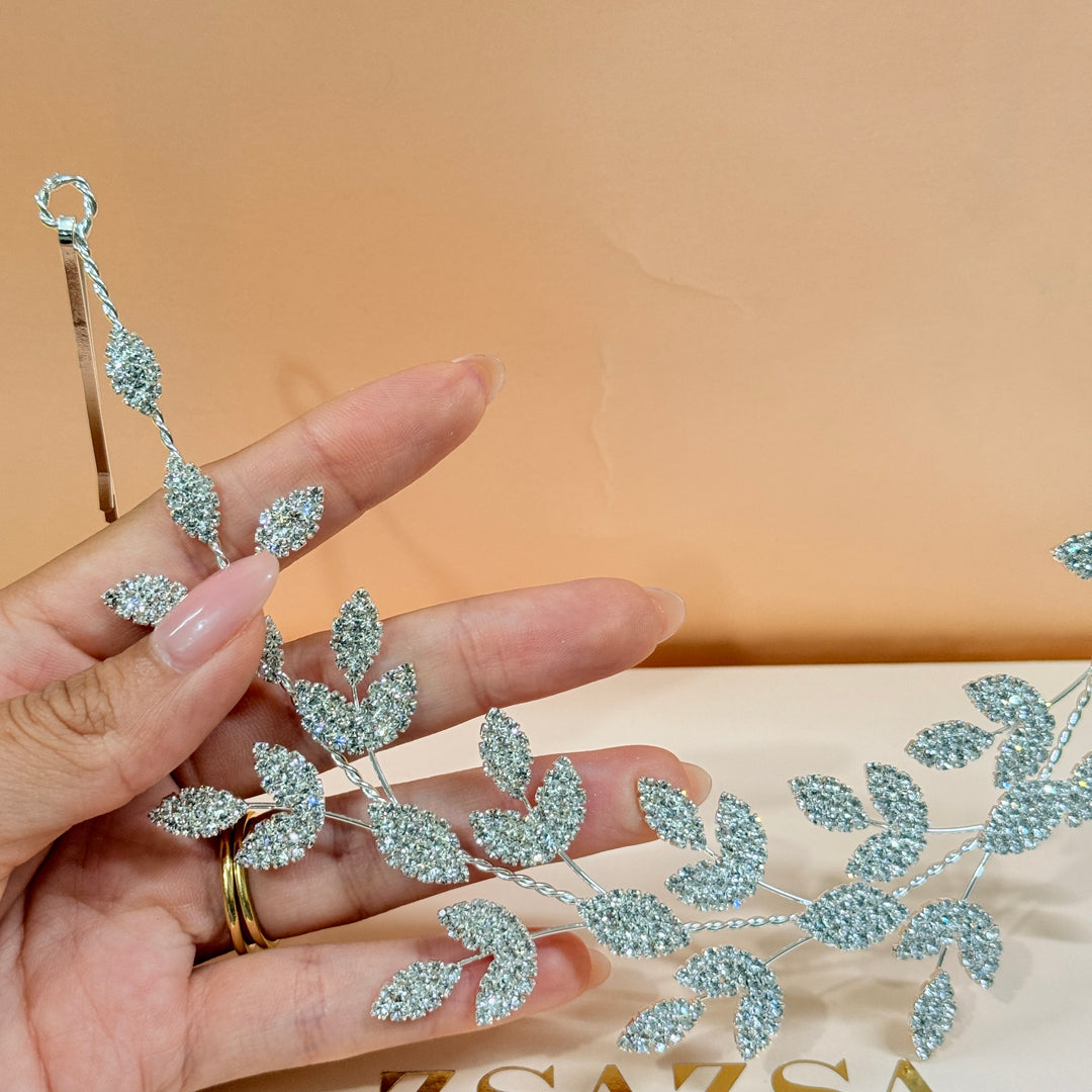 Rhinestone leaves silver flexible headband