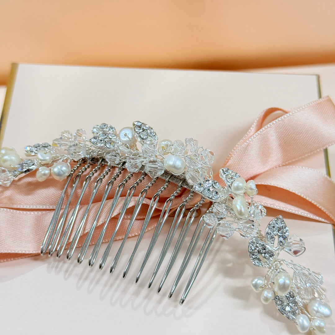 Rhinestone & pearl handmade silver comb