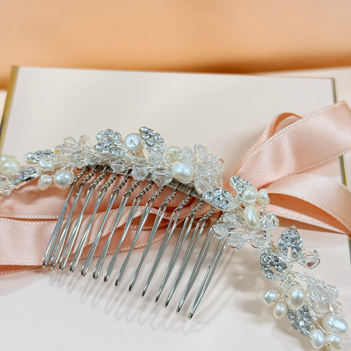 Rhinestone & pearl handmade silver comb