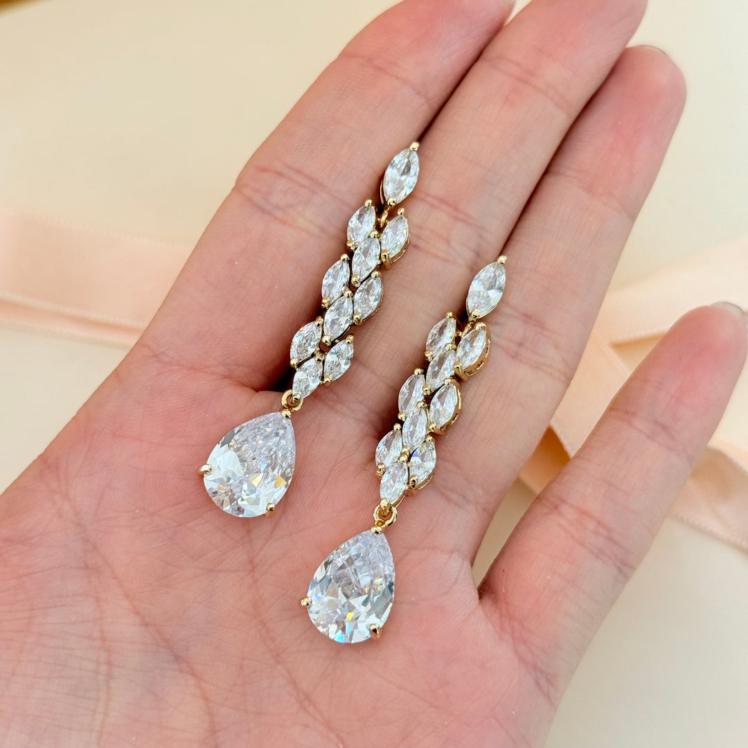 Long chunky marquise and teardrop zircone gold plated earrings