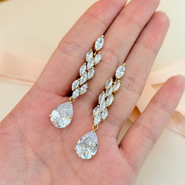 Long chunky marquise and teardrop zircone gold plated earrings