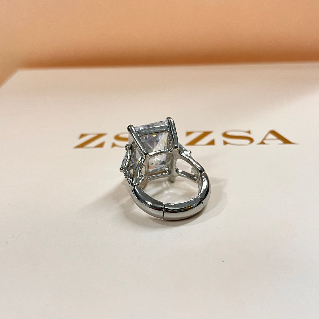 Rhinestone rectangular white gold plated ring