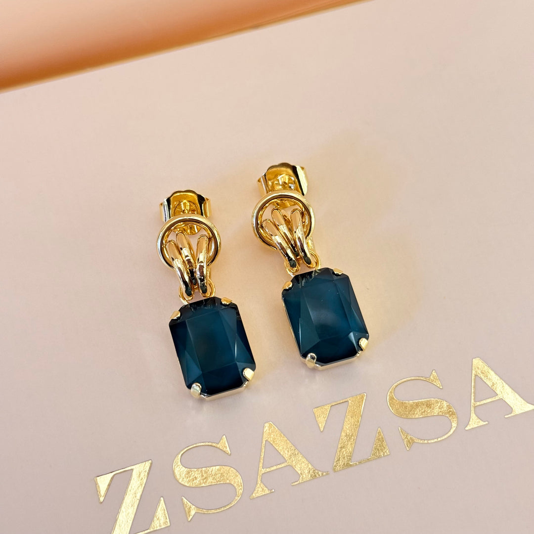 Rectangular dark green Swarovski crystals gold plated set