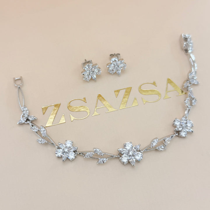 Flower zircone silver earrings and bracelet