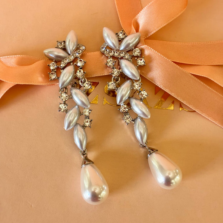 Marquise pearl long clip on earrings