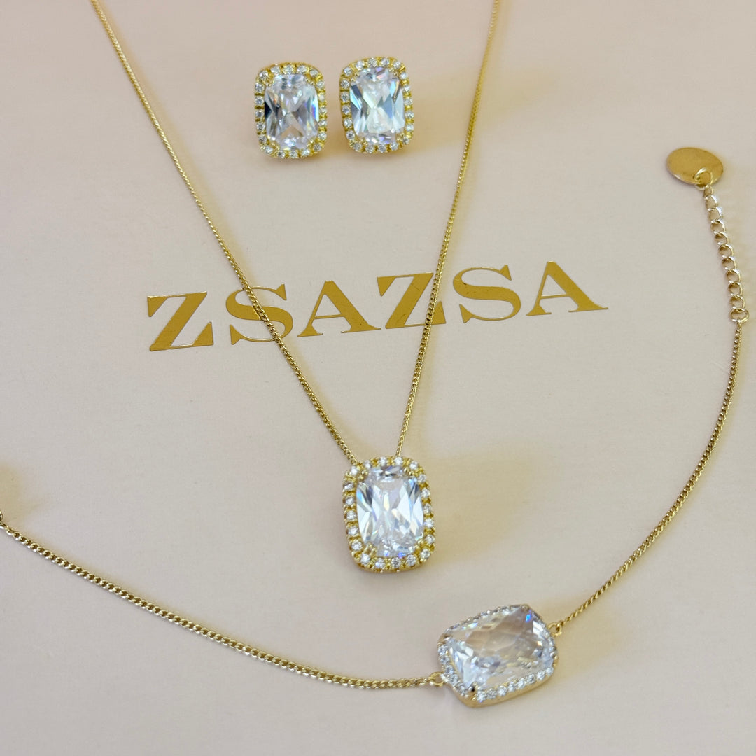 Rectangular zircone gold plated pendant set