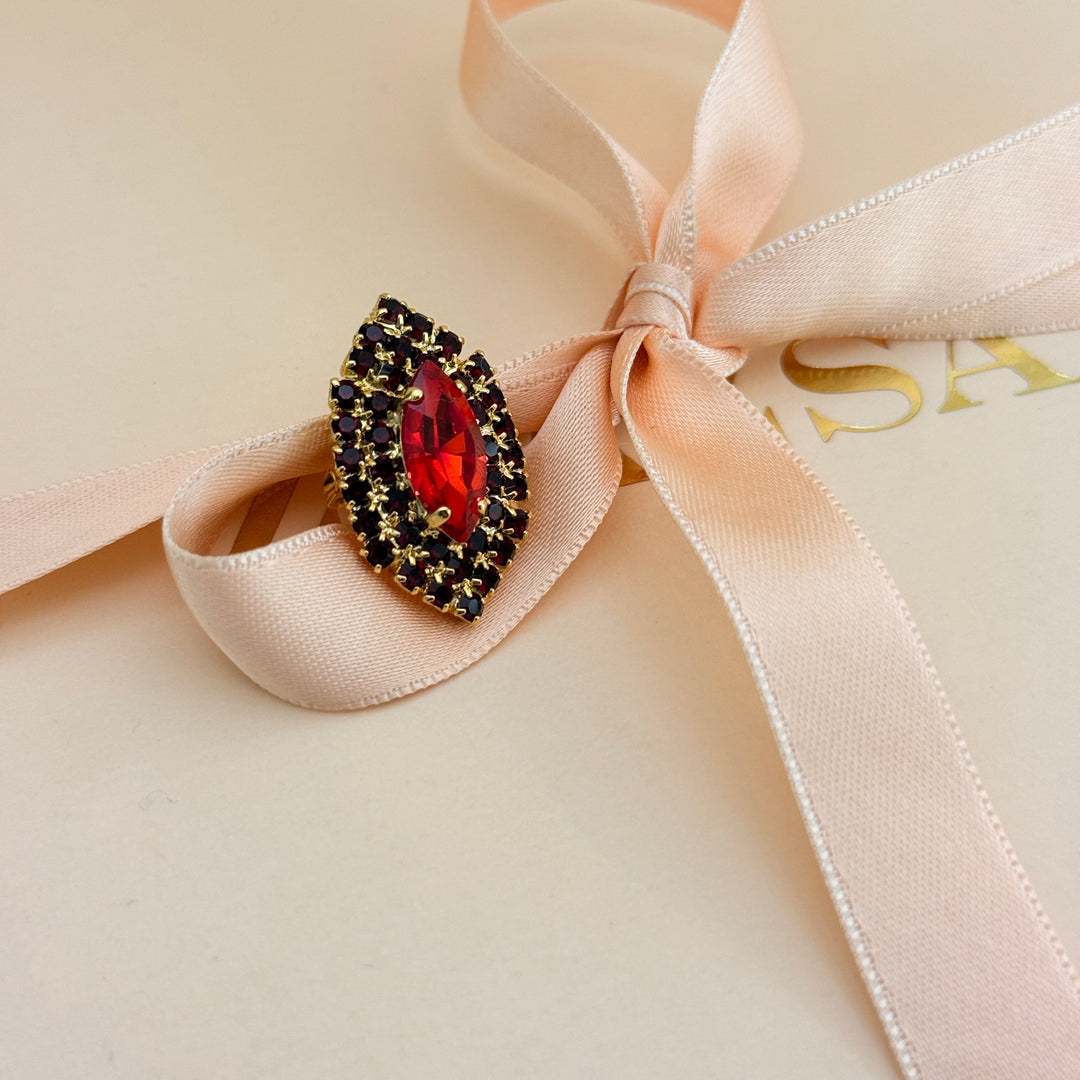 Marquise red preciosa crystals gold plated brooch