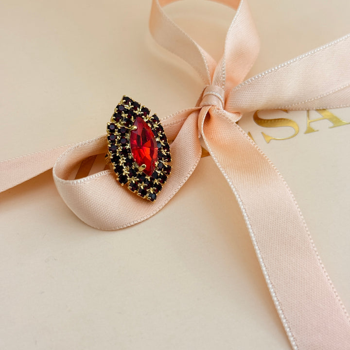 Marquise red preciosa crystals gold plated brooch