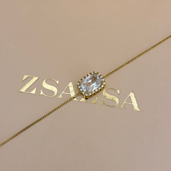 Zircone Rectangular gold plated pendant & bracelet