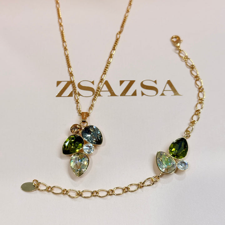 Multi green Swarovski crystals gold plated necklace and bracelet