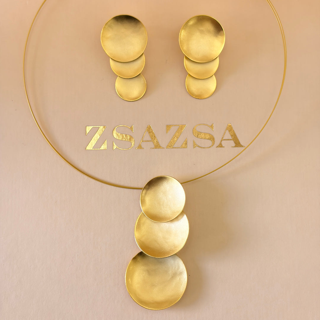 Handmade 3 Simple Circles Long Gold Necklace and Earrings set | Gold Plated | ZsaZsa