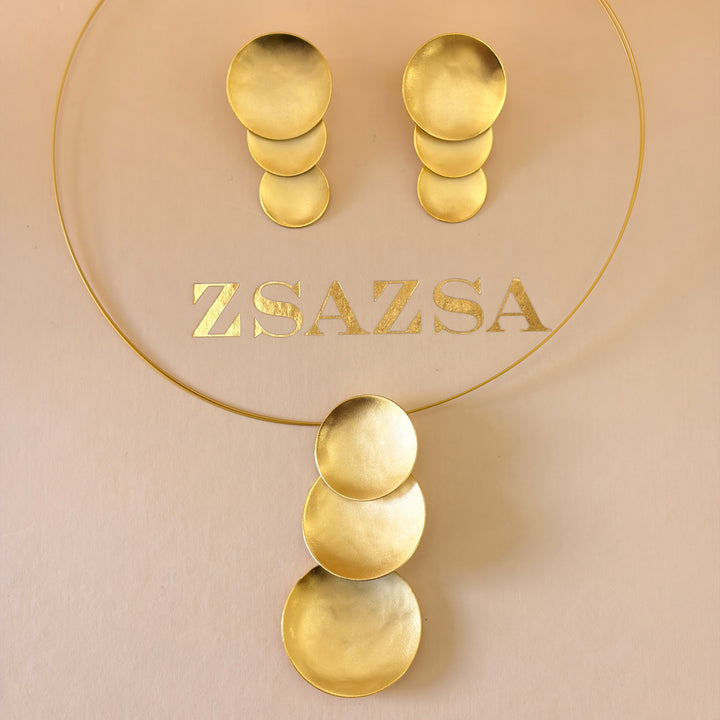 Handmade 3 Simple Circles Long Gold Necklace and Earrings set | Gold Plated | ZsaZsa