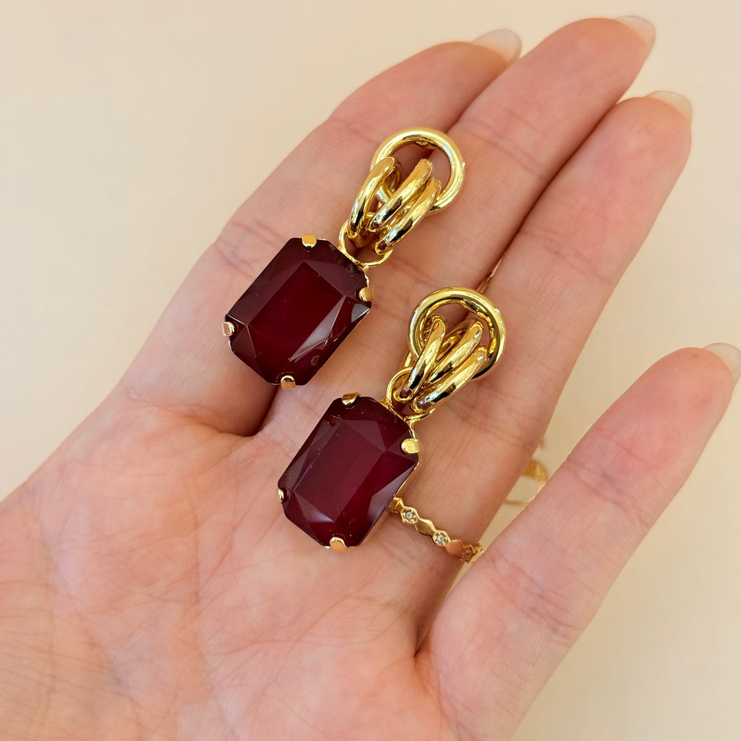 Rectangular Plum Swarovski crystals gold plated set