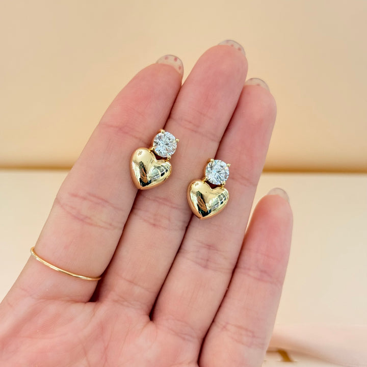 Heart and round zircone gold plated earrings