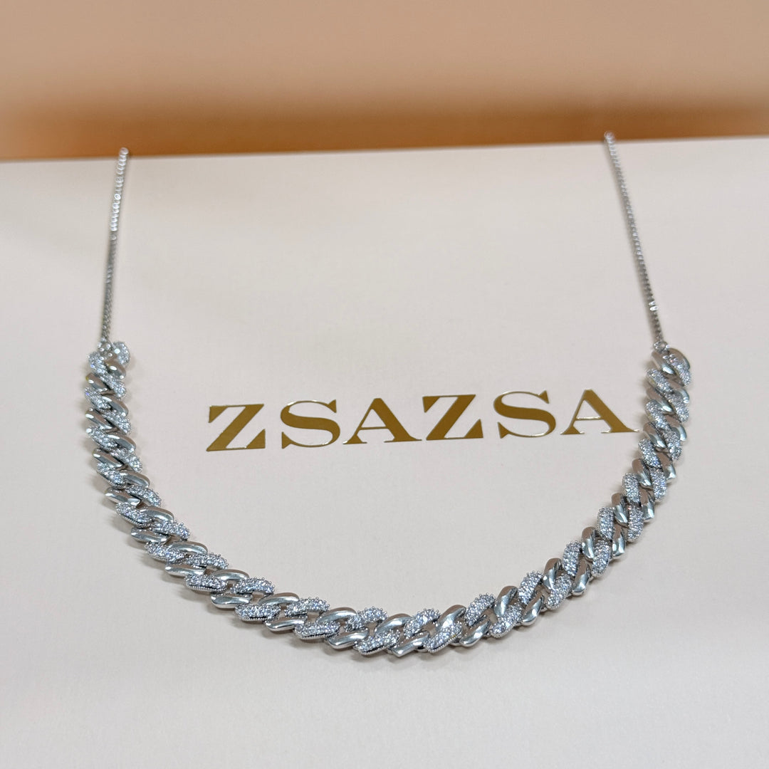 Chain design zircone silver necklace and bracelet